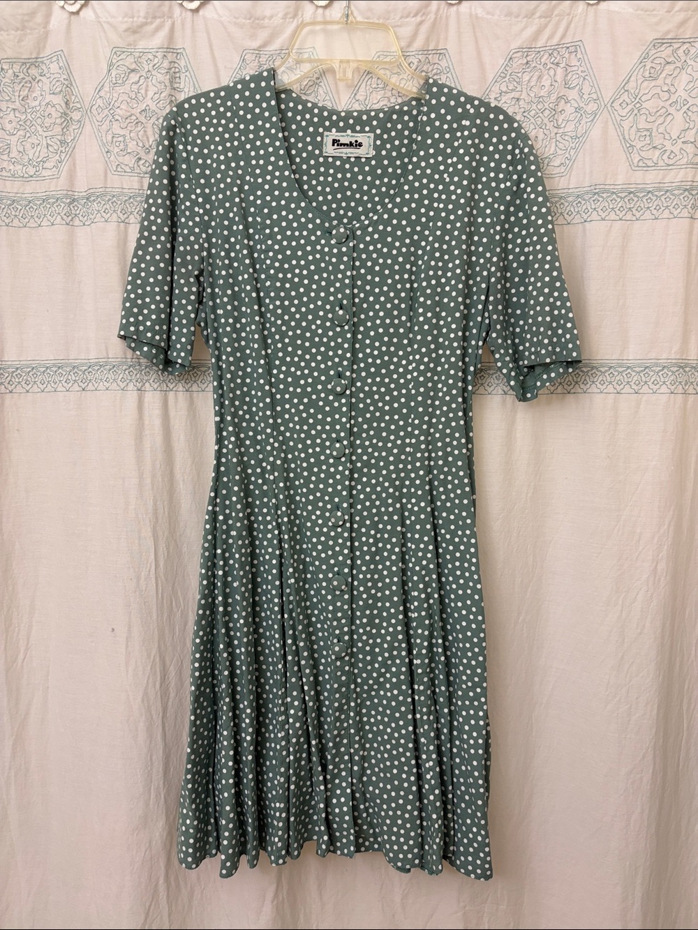 Retro Vintage Sage Green Polka Dot Midi Button-Front Dress